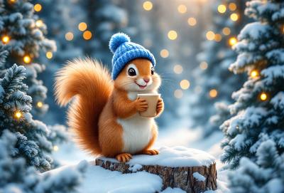 The primary subject of the image is a cartoon-like squirrel wearing a blue hat and holding a cup. The setting is a snowy environment, with the squirrel sitting on a tree stump. The visual style is a digital art or illustration, creating a whimsical and playful atmosphere. The colors are predominantly white and blue, with the snow adding a touch of coldness to the scene.